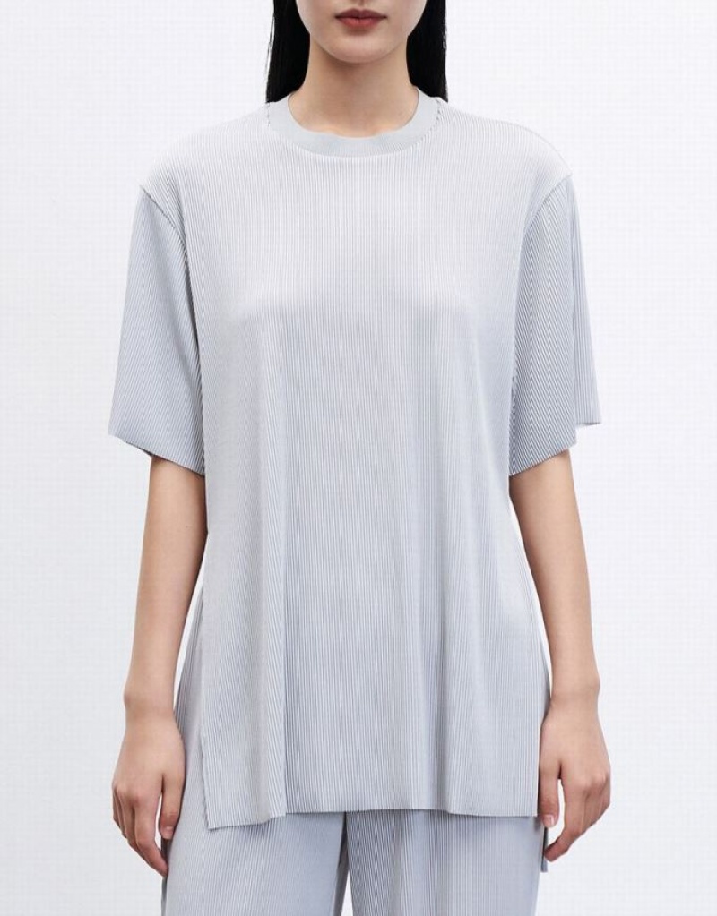 Light Grey Urban Revivo Slit Hem Textured Women's T-Shirts | WRTBVD-371