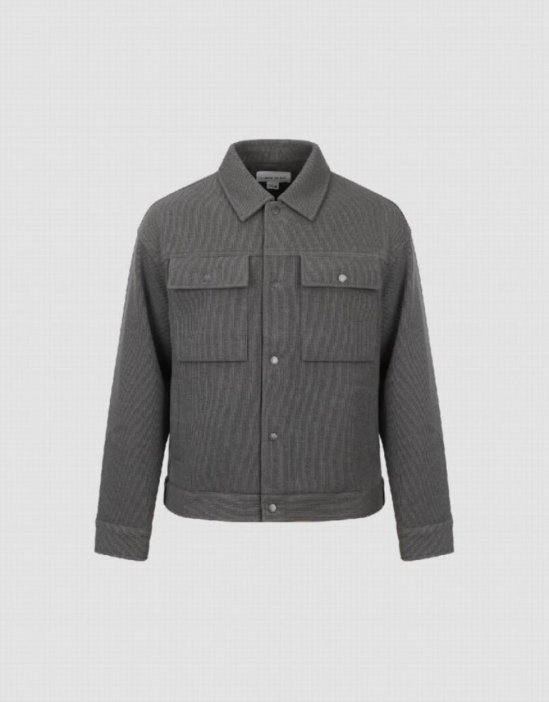 Light Grey Urban Revivo Textured Button Up Straight Men's Jacket | QXHESI-297