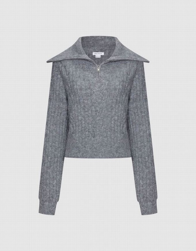 Light Grey Urban Revivo Zip Half Placket Women's Sweaters | NCFIGW-657