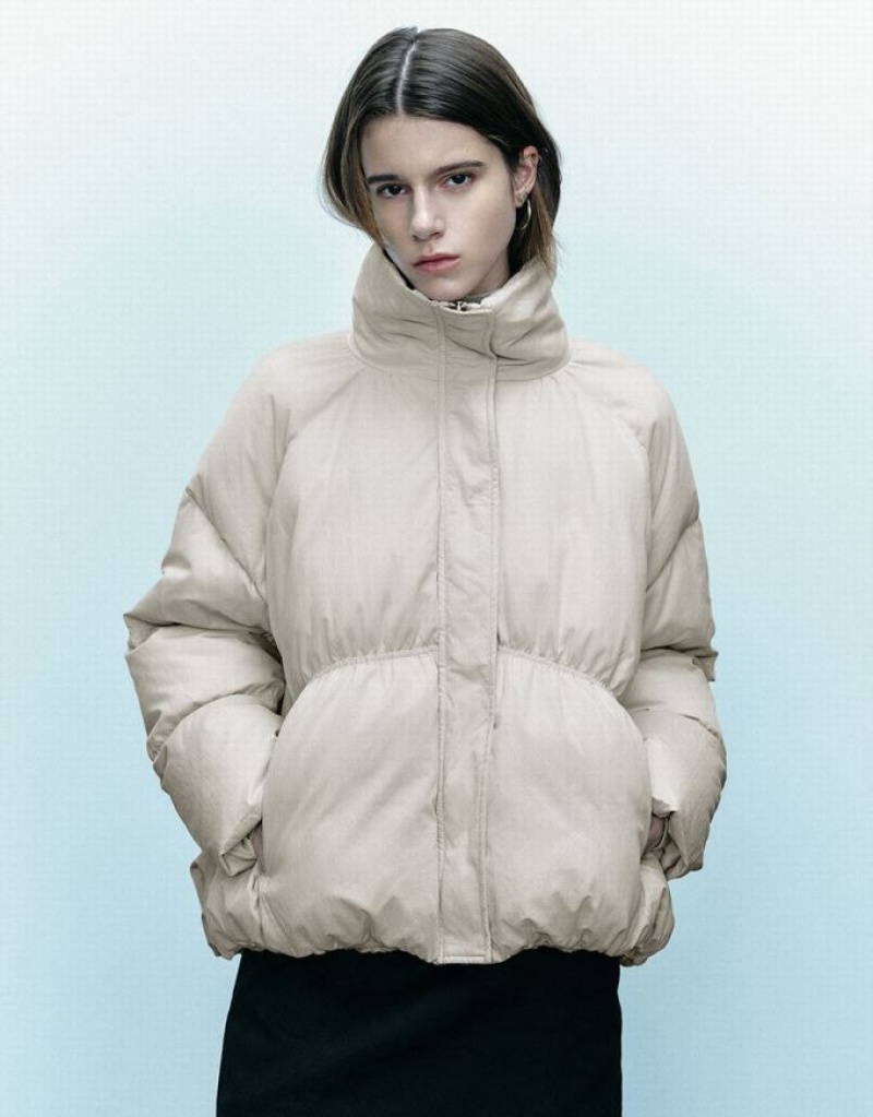 Light Khaki Urban Revivo Stand Collar Women\'s Puffer Jacket | KASERF-841