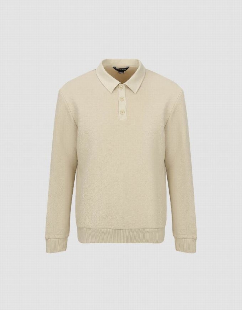 Light Khaki Urban Revivo Textured Button Half Placket Men's Polo Shirts | GZVIYK-150