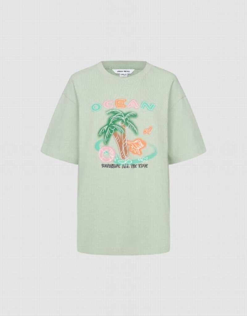 Mint Urban Revivo Coconut Tree Printed Crew Neck Women's T-Shirts | ORWBAE-162