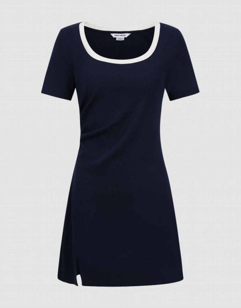 Navy Urban Revivo Crew Neck Skater Women's Short Dress | WFRDIG-852