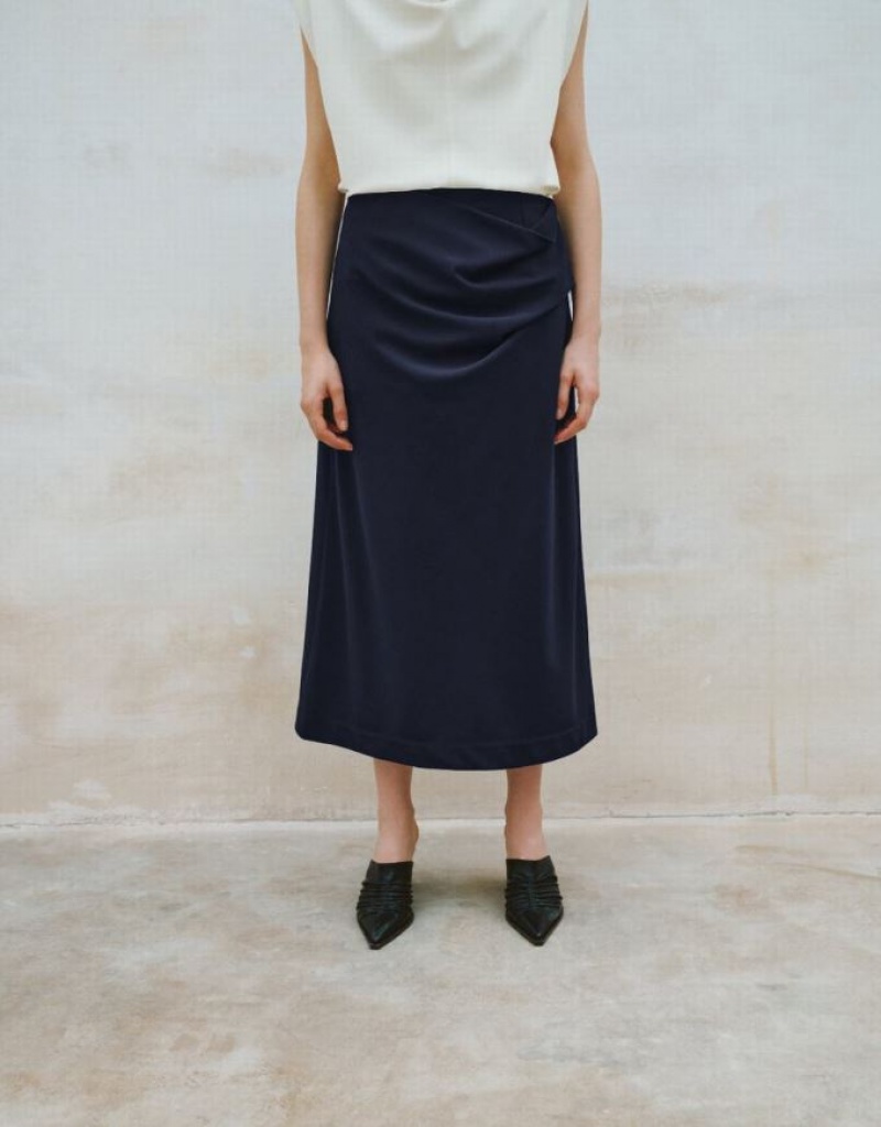 Navy Urban Revivo Midi Straight Women's Skirts | RBFKXD-832