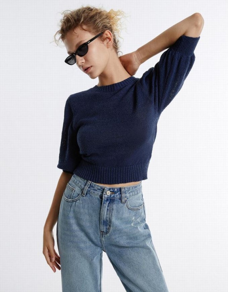 Navy Urban Revivo Plain Cropped Women's Sweaters | QPHZEU-852