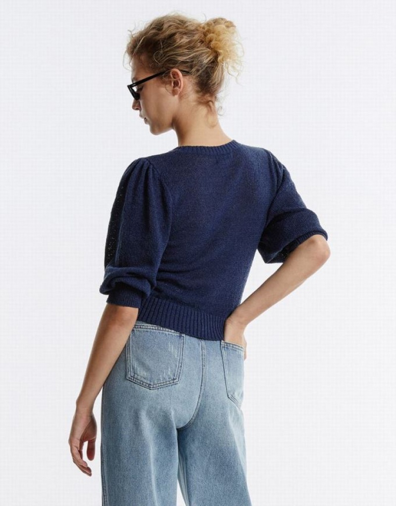 Navy Urban Revivo Plain Cropped Women's Sweaters | QPHZEU-852