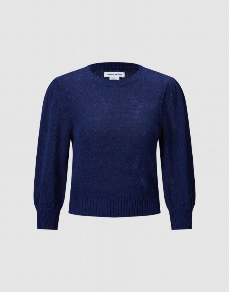 Navy Urban Revivo Plain Cropped Women's Sweaters | QPHZEU-852