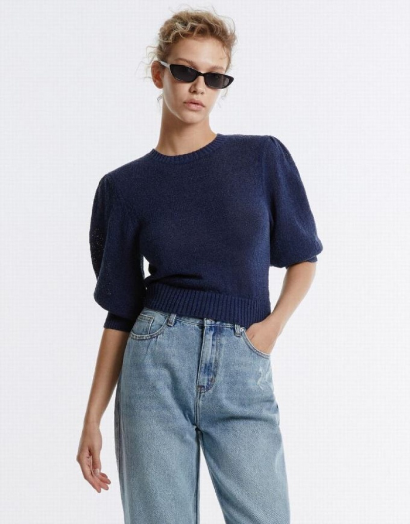 Navy Urban Revivo Plain Cropped Women\'s Sweaters | QPHZEU-852