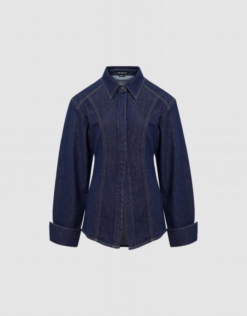 Navy Urban Revivo Skater Denim Women's Shirts | EGTJYF-209