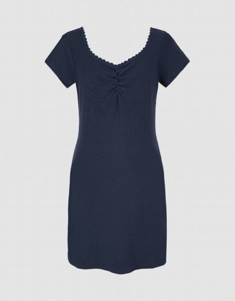 Navy Urban Revivo V-Neck Skater Women's Short Dress | KGMAJC-620