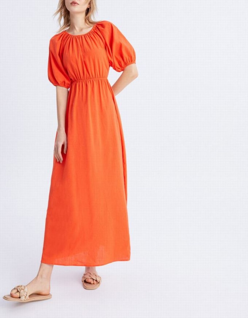 Orange Urban Revivo Cut Out Back Puff Sleeve Maxi Women's Maxi Dress | VAOYFH-421