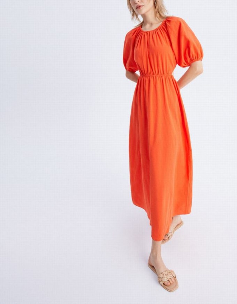 Orange Urban Revivo Cut Out Back Puff Sleeve Maxi Women's Maxi Dress | VAOYFH-421