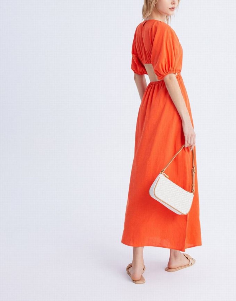 Orange Urban Revivo Cut Out Back Puff Sleeve Maxi Women's Maxi Dress | VAOYFH-421