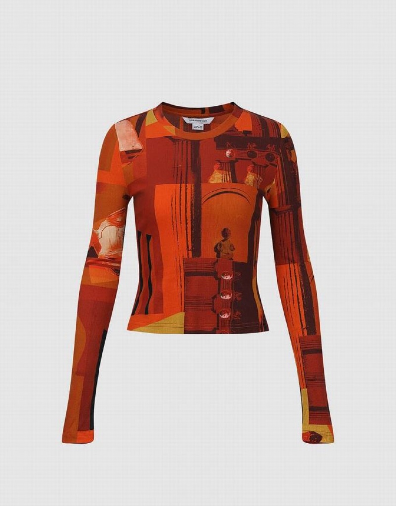 Orange Urban Revivo Printed Crew Neck Skinny Women's Sweatshirts | MTRVSO-146