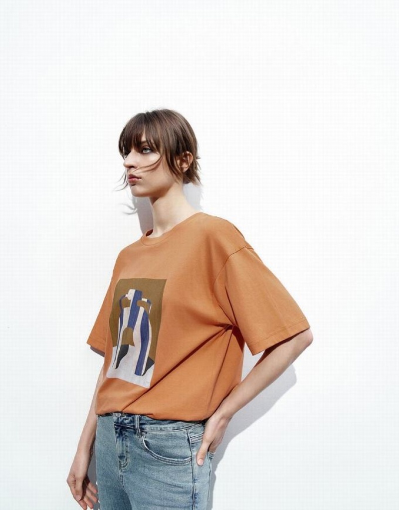 Orange Urban Revivo Printed Loose Women's T-Shirts | DESGIX-043