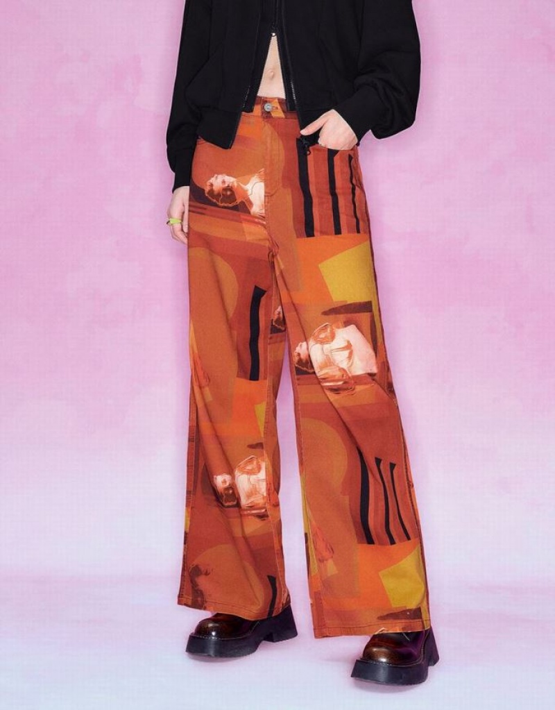 Orange Urban Revivo Printed Straight Women's Pants | VHGEDK-750