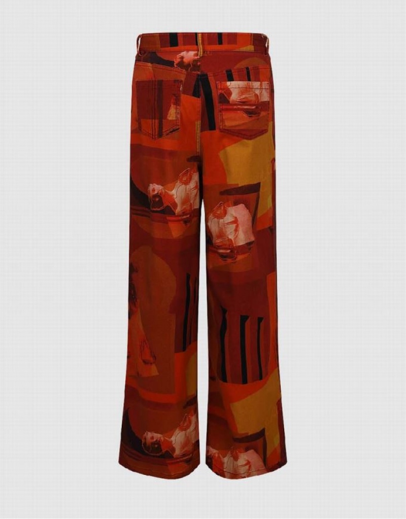 Orange Urban Revivo Printed Straight Women's Pants | VHGEDK-750