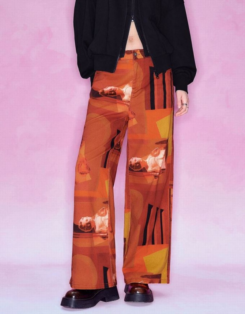 Orange Urban Revivo Printed Straight Women's Pants | VHGEDK-750