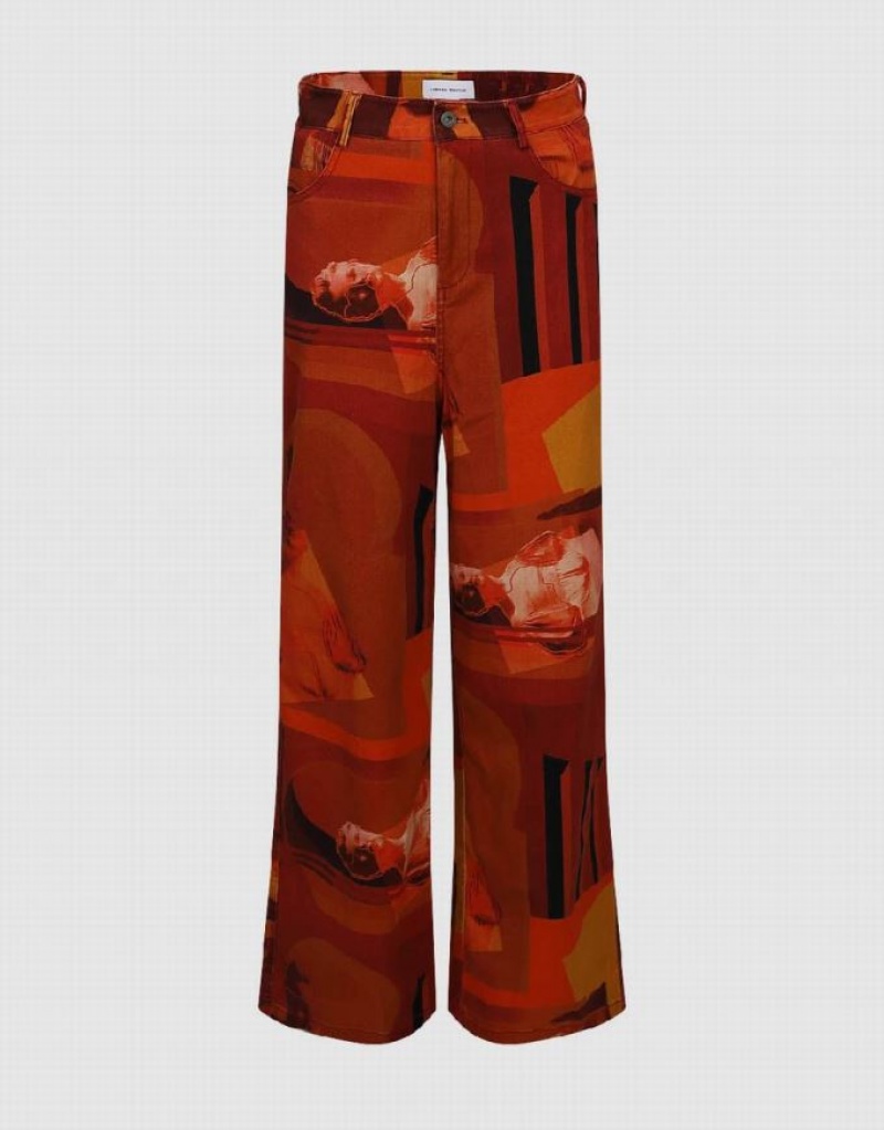 Orange Urban Revivo Printed Straight Women\'s Pants | VHGEDK-750