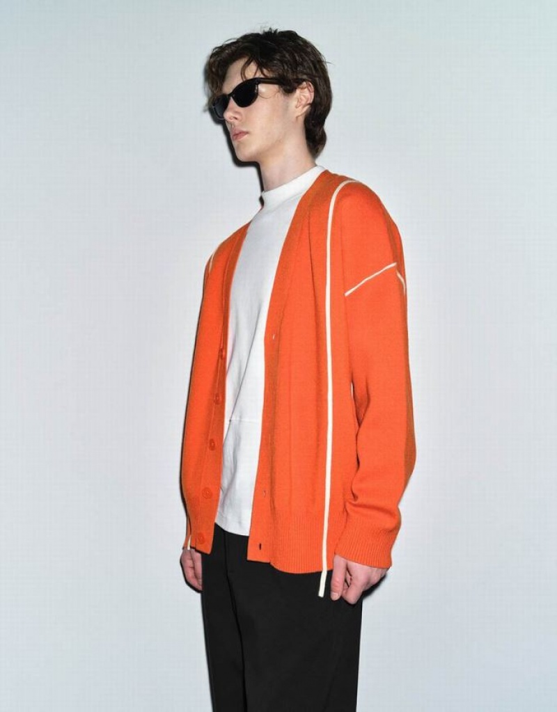 Orange Urban Revivo V-Neck Knitted Men's Cardigan | NJLZQE-259