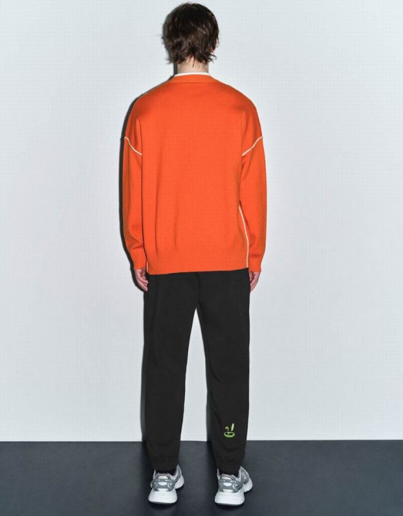 Orange Urban Revivo V-Neck Knitted Men's Cardigan | NJLZQE-259