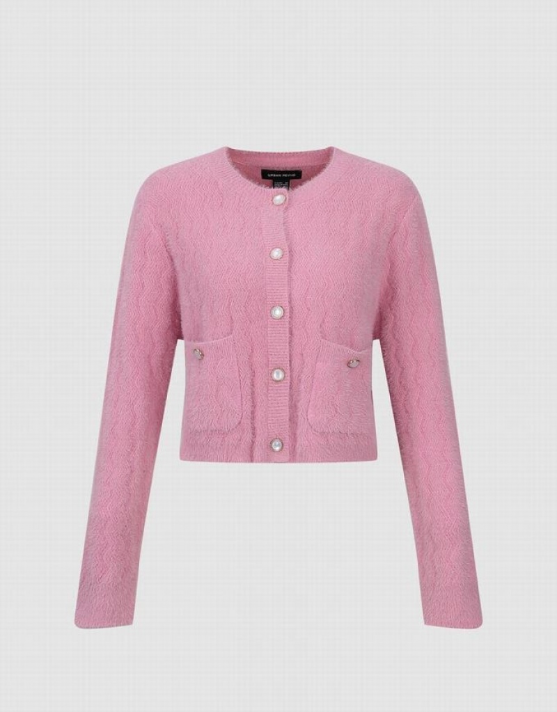 Pink Urban Revivo Button Up Crew Neck Knitted Women's Cardigan | RDJACV-859