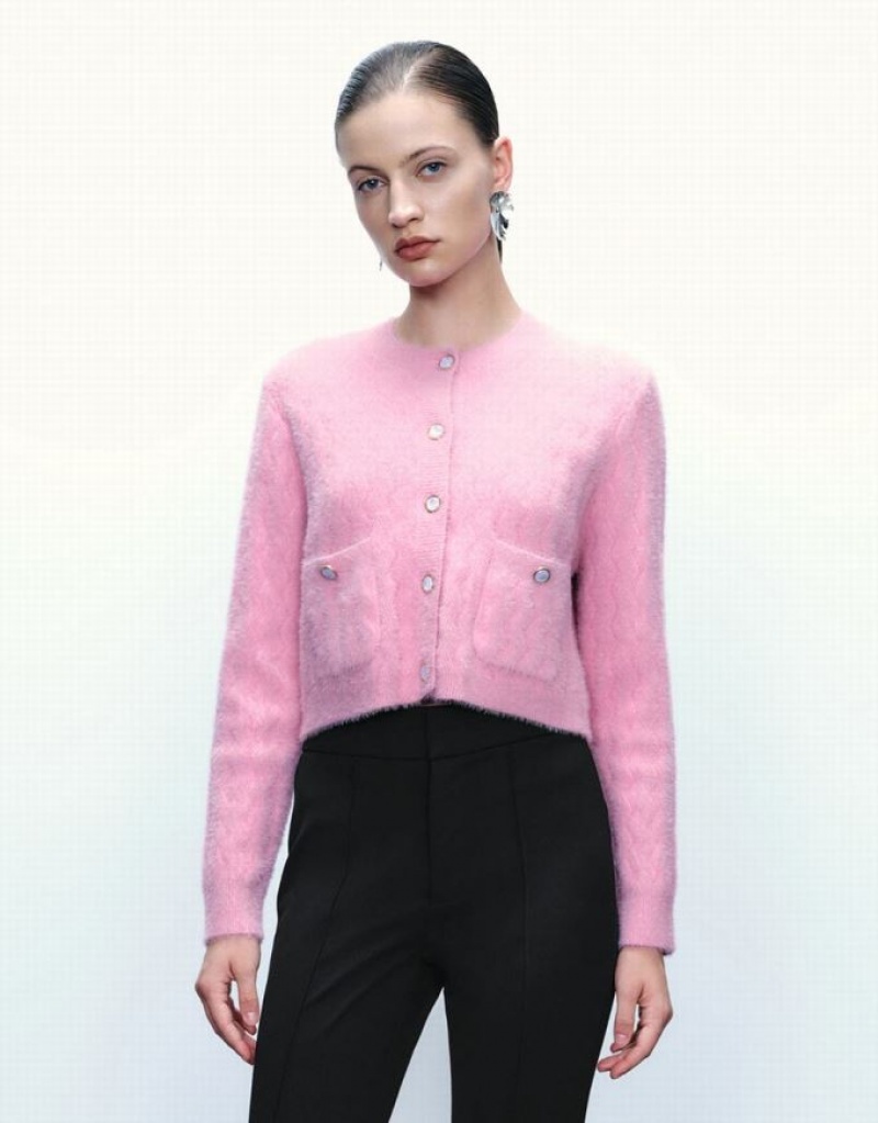 Pink Urban Revivo Button Up Crew Neck Knitted Women\'s Cardigan | RDJACV-859