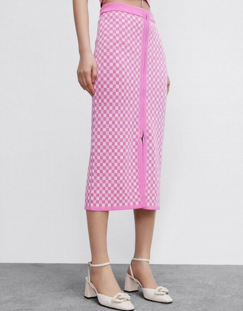 Pink Urban Revivo Checkered Midi Straight Knitted Women's Skirts | AKOZVJ-874