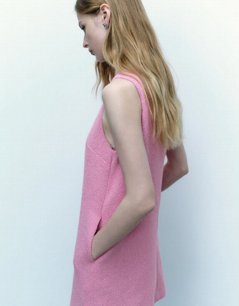 Pink Urban Revivo Crew Neck A-Line Women's Dress | SYMXWK-726