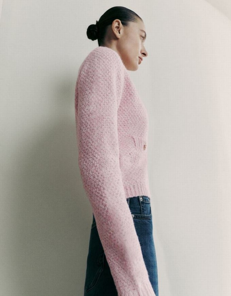 Pink Urban Revivo Crew Neck Knitted With Fake Pockets Women's Cardigan | SUOVBN-683