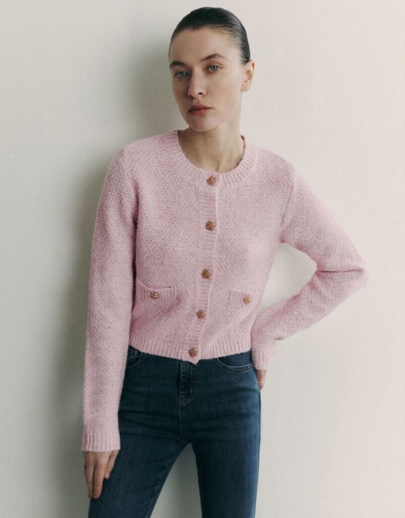 Pink Urban Revivo Crew Neck Knitted With Fake Pockets Women\'s Cardigan | SUOVBN-683