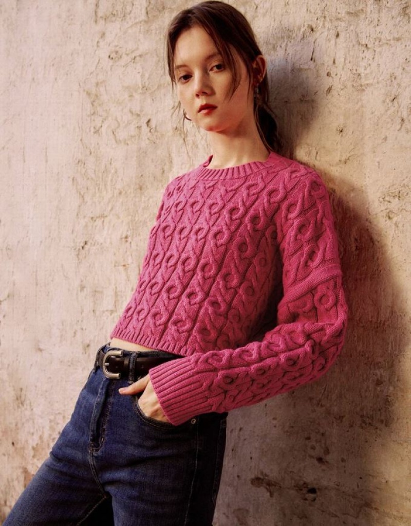 Pink Urban Revivo Crew Neck Knitted Women's Cardigan | SRDCEV-947