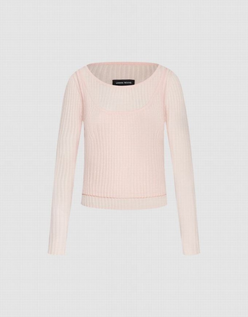 Pink Urban Revivo Crew Neck Knitted Women's Cardigan | WHTBKY-926