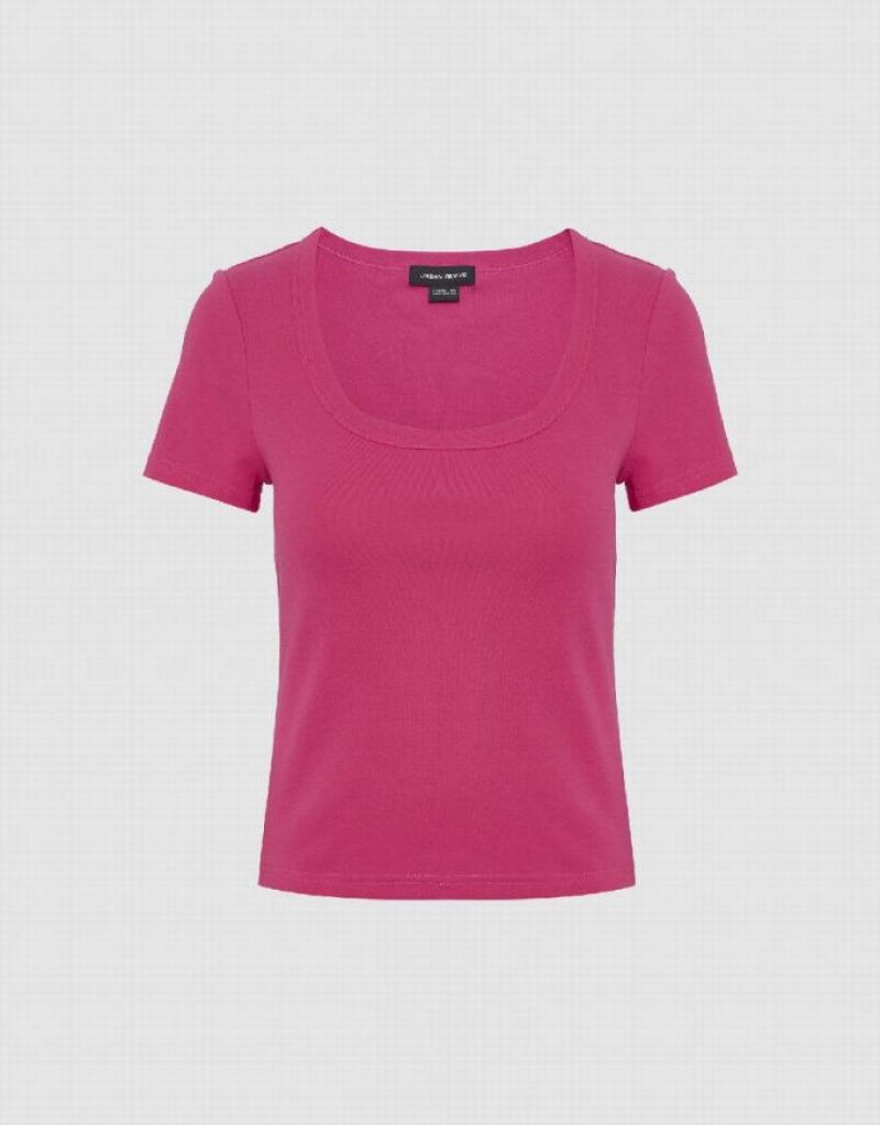 Pink Urban Revivo Crew Neck Skinny Women's T-Shirts | PRKGJS-398