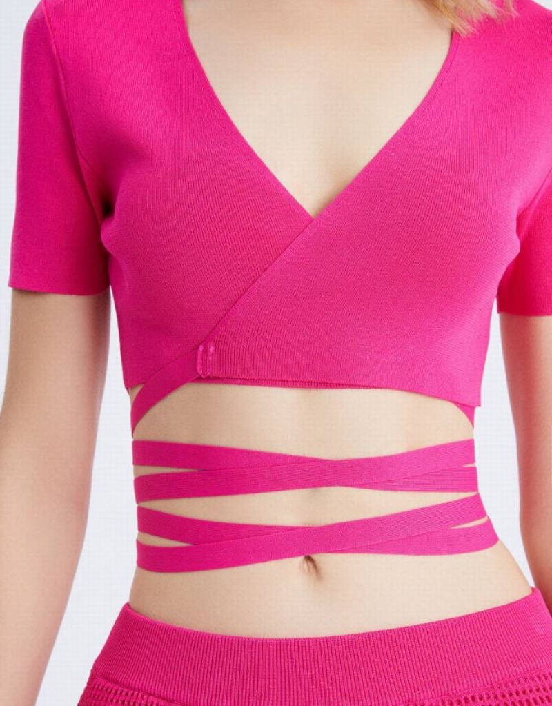 Pink Urban Revivo Crossover Plunging Knitted Crop Women's T-Shirts | AZLCHQ-805