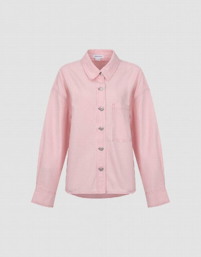 Pink Urban Revivo Drop Shoulder Sleeve Denim Women's Shirts | JXSHAR-423