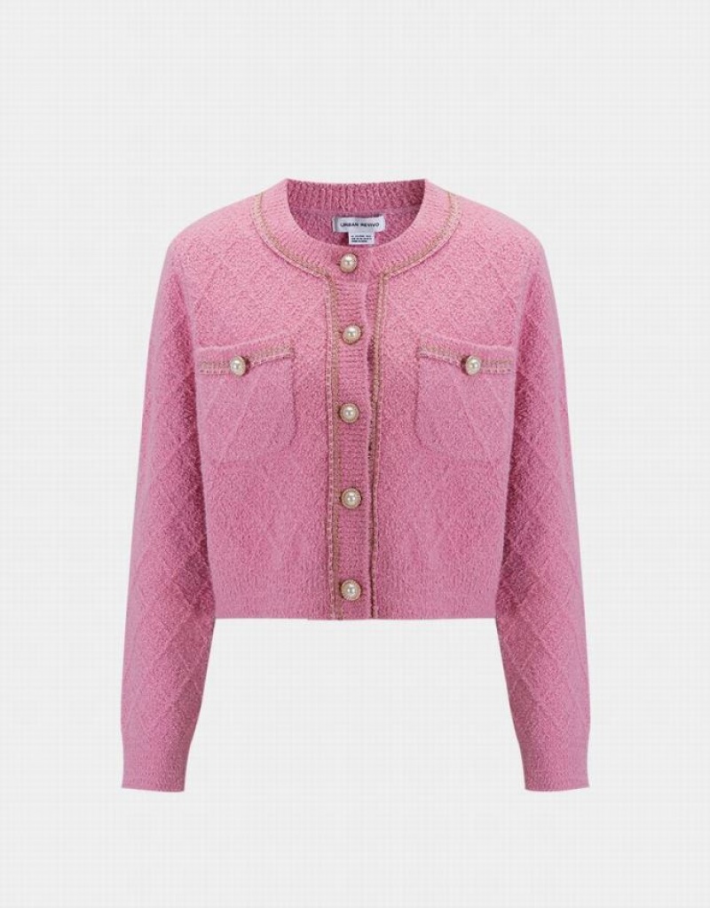 Pink Urban Revivo Fluffy Contrast Trim Faux Pearl Button Women\'s Cardigan | TKMBQG-963