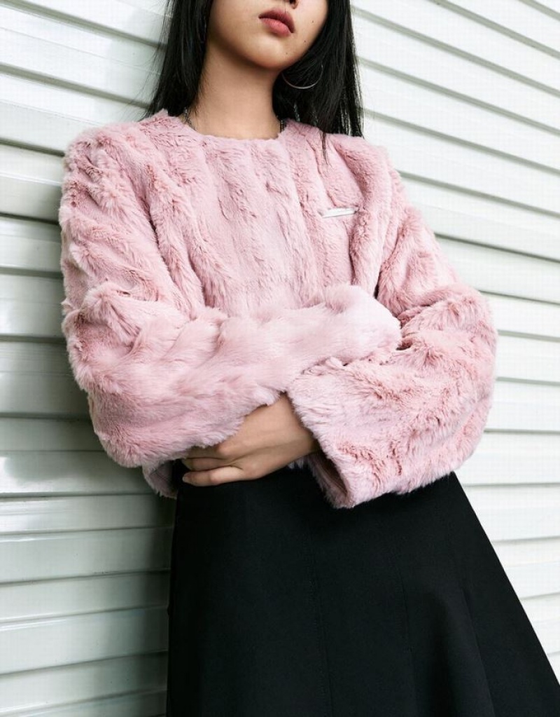 Pink Urban Revivo Furry Crew Neck Straight Women's Coats | HMGQIY-479