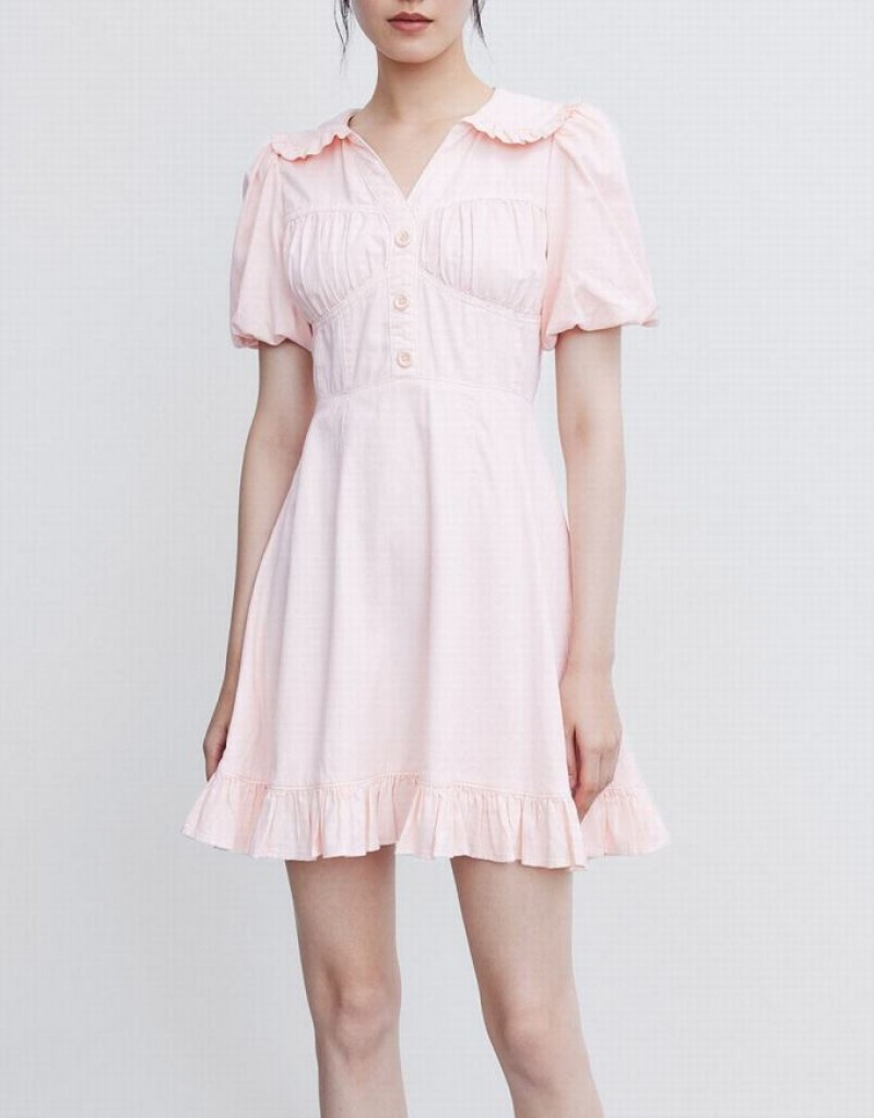 Pink Urban Revivo Half Button Ruffle Hem Women's Denim Dress | HFQOZL-384