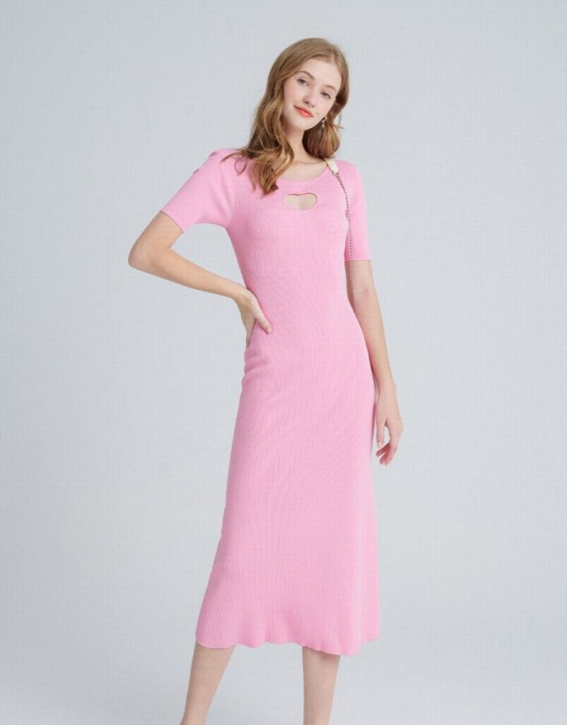 Pink Urban Revivo Heart Cut Out Ribbed Women\'s Knitted Dress | VPDLAQ-851