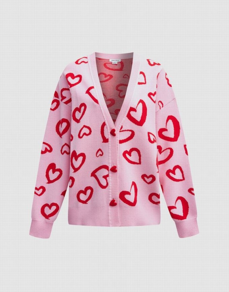 Pink Urban Revivo Heart Pattern Jacquard Button Up Oversized Women\'s Cardigan | KMLOYP-159