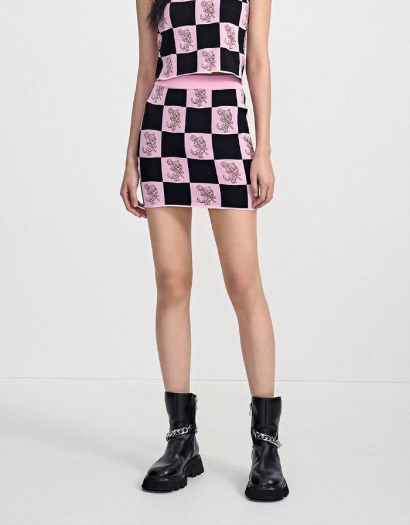 Pink Urban Revivo Hot Stuff Checkered Knitted Women's Skirts | ASUOCJ-024