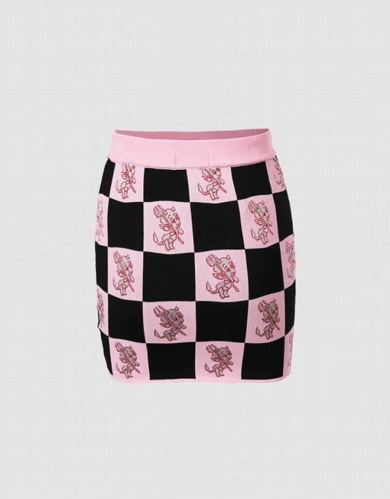 Pink Urban Revivo Hot Stuff Checkered Knitted Women's Skirts | ASUOCJ-024