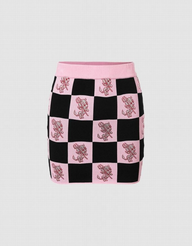 Pink Urban Revivo Hot Stuff Checkered Knitted Women\'s Skirts | ASUOCJ-024