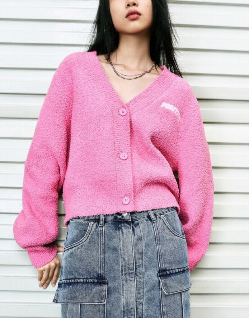 Pink Urban Revivo Letter Embroidered V-Neck Knitted Women's Cardigan | XROQJE-840