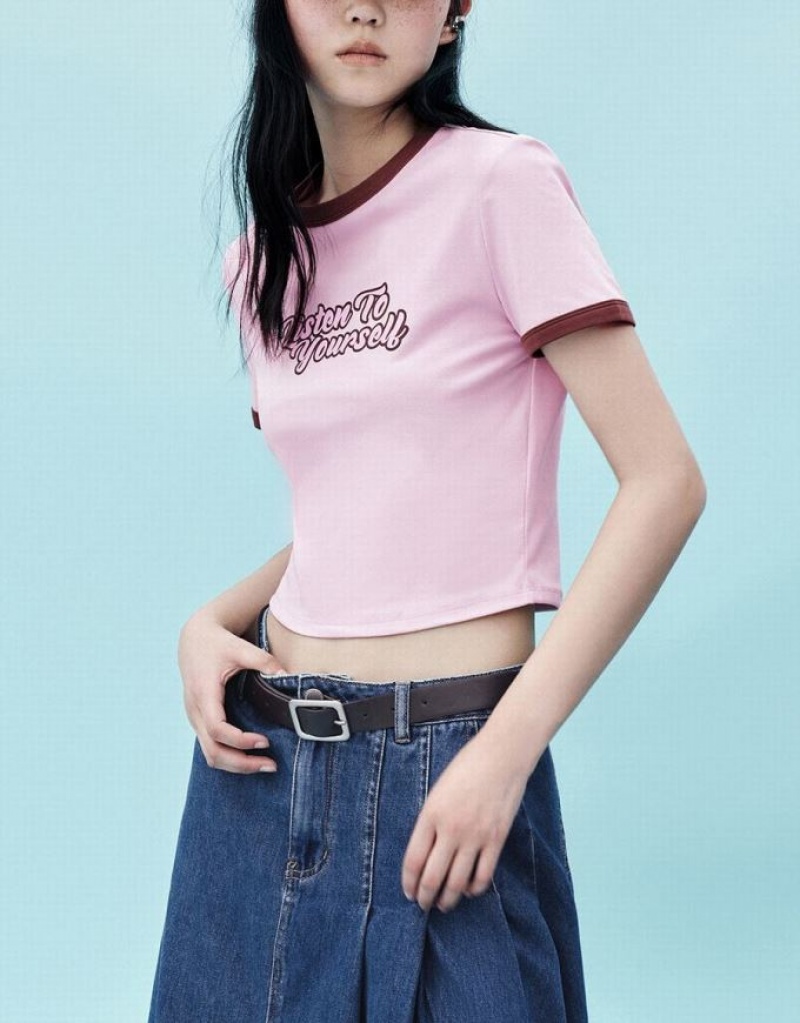 Pink Urban Revivo Letter Printed Crew Neck Regular Women's T-Shirts | KHEPIG-203