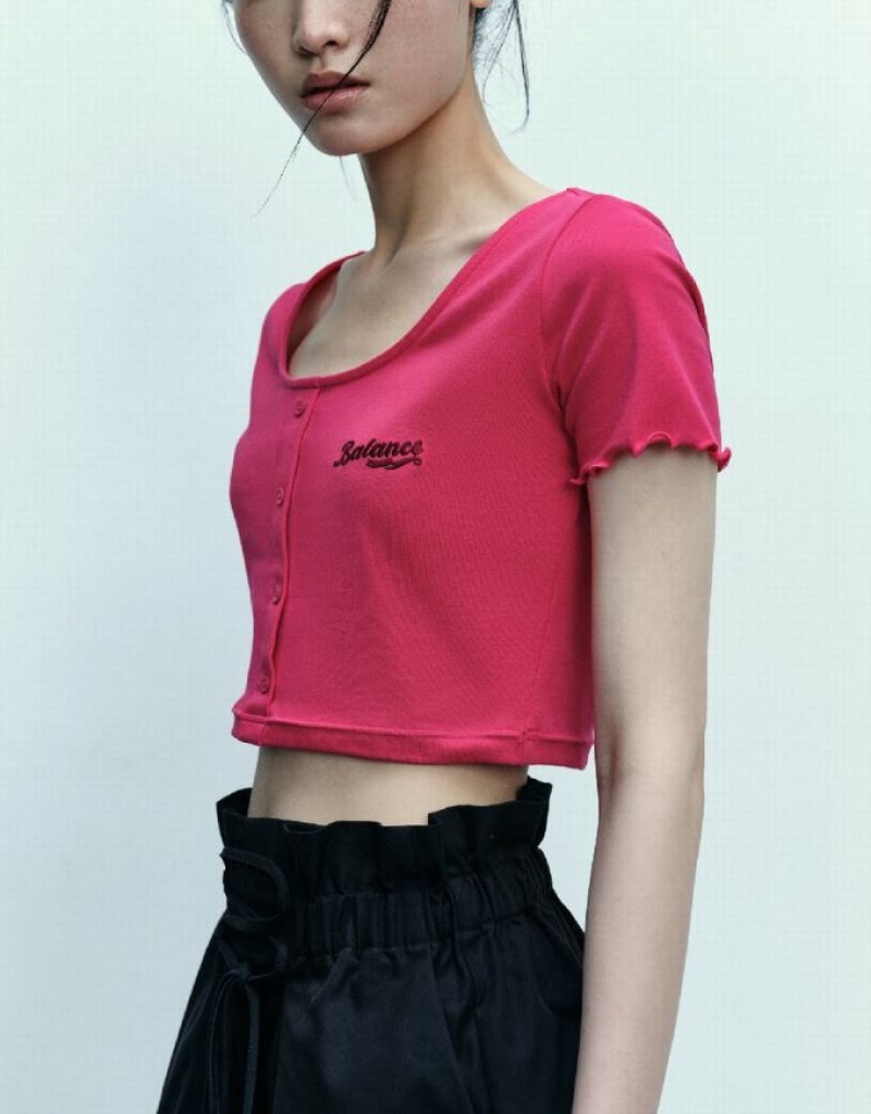 Pink Urban Revivo Lettuce Trim Cuff Skinny Women's T-Shirts | PGQWJH-653