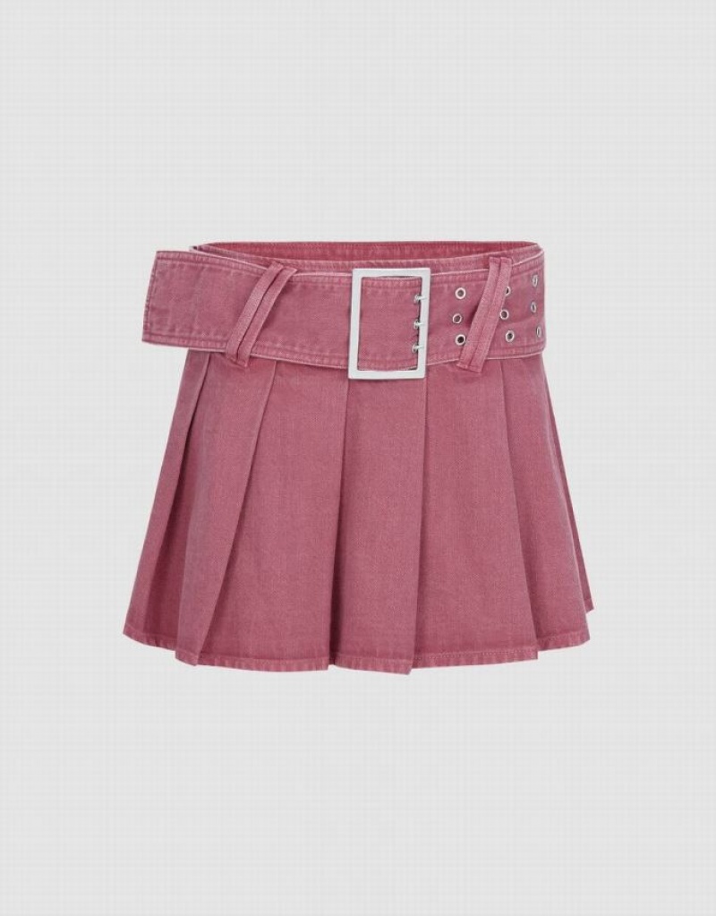 Pink Urban Revivo Pleated Mini A-Line Women\'s Denim Skirt | ZPLCEO-074