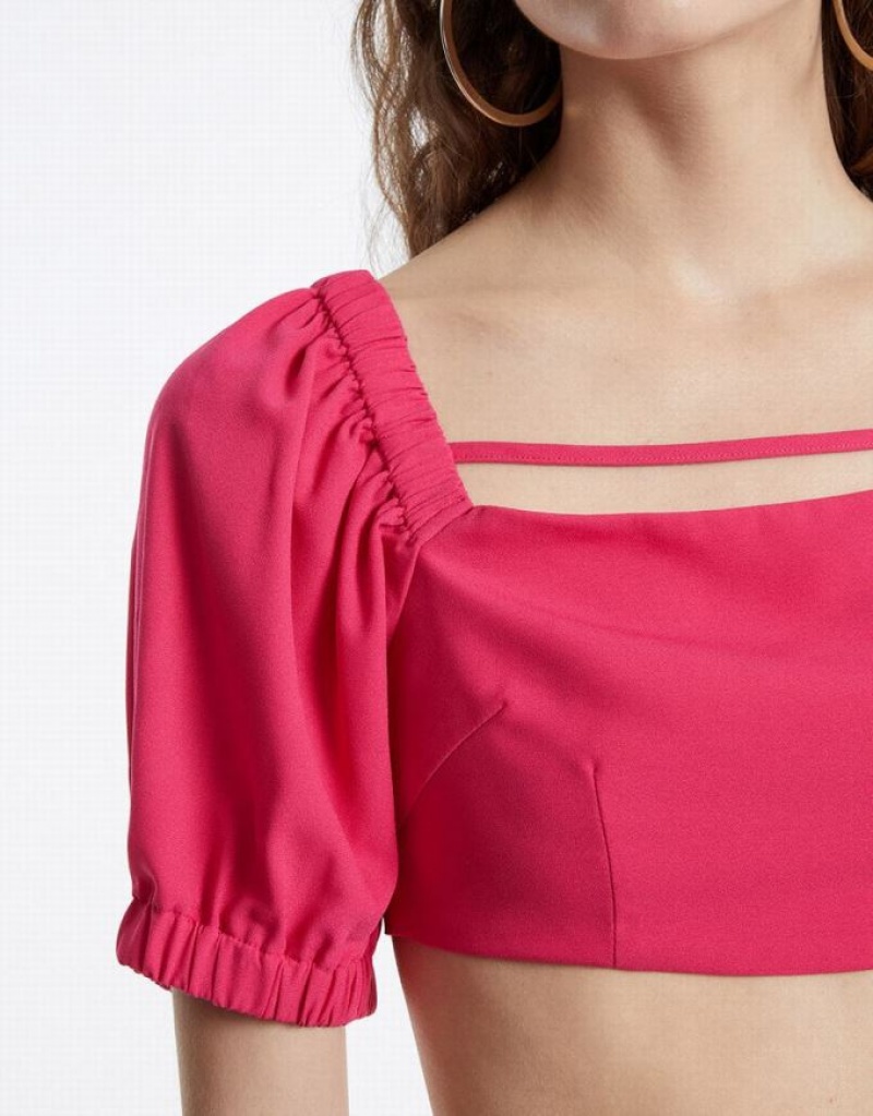 Pink Urban Revivo Puff Sleeve Crop Women's T-Shirts | RWSCIF-352