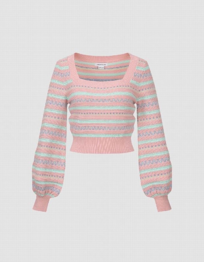 Pink Urban Revivo Puff Sleeve Square-cut Collar Knitted Women's Cardigan | FCEXBH-213